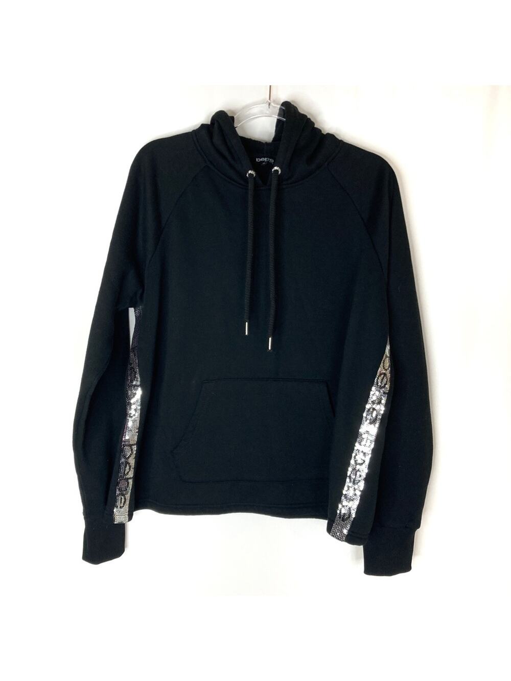 BEBE Sport Black Silver Sequin Logo Hoodie Pullover Cotton Polyester Womens 1X